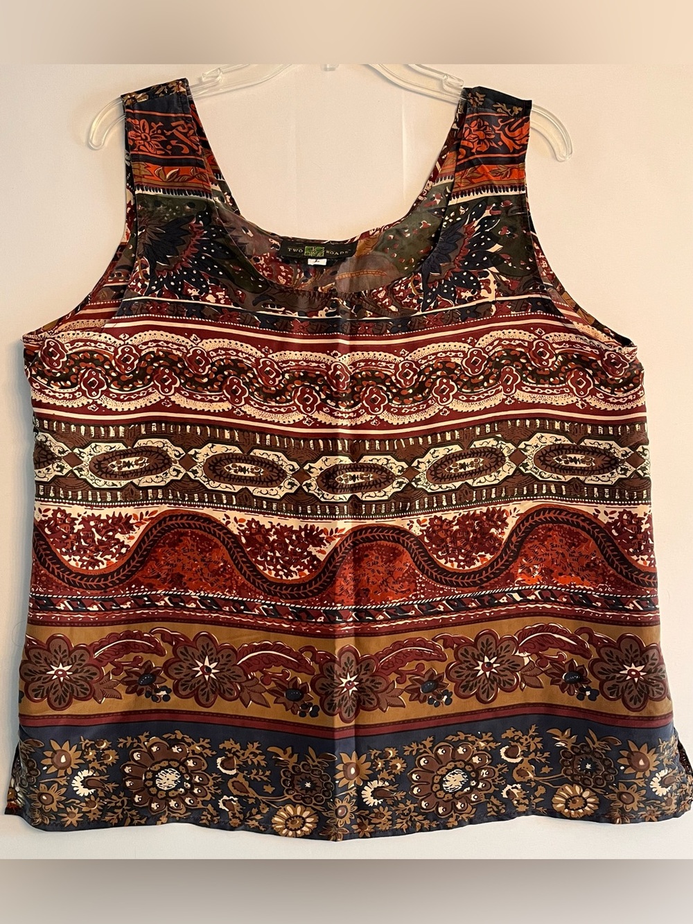 TWO ROADS 100% Silk Paisley Print Tank Top Brown Rust Olive Boho L
